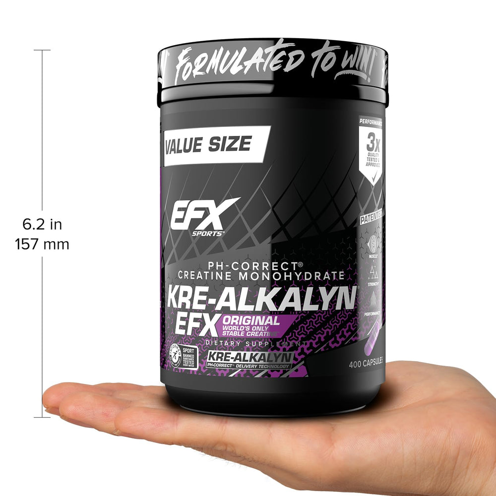 Hero shot of Kre-Alkalyn EFX conveys premium creatine for athletes.