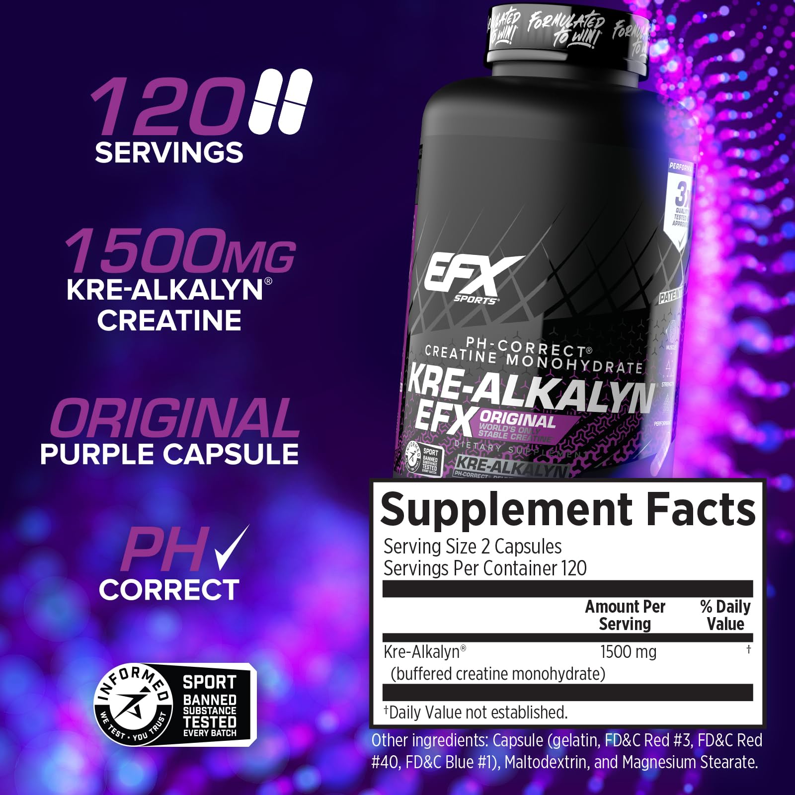 Label close-up highlighting pH-buffered creatine and serving size.