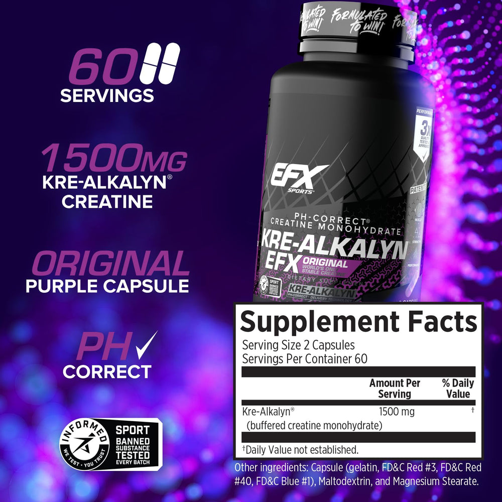 EFX Sports Kre-Alkalyn EFX label details emphasize purity and quality claims.