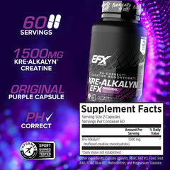 EFX Sports Kre-Alkalyn EFX label details emphasize purity and quality claims.