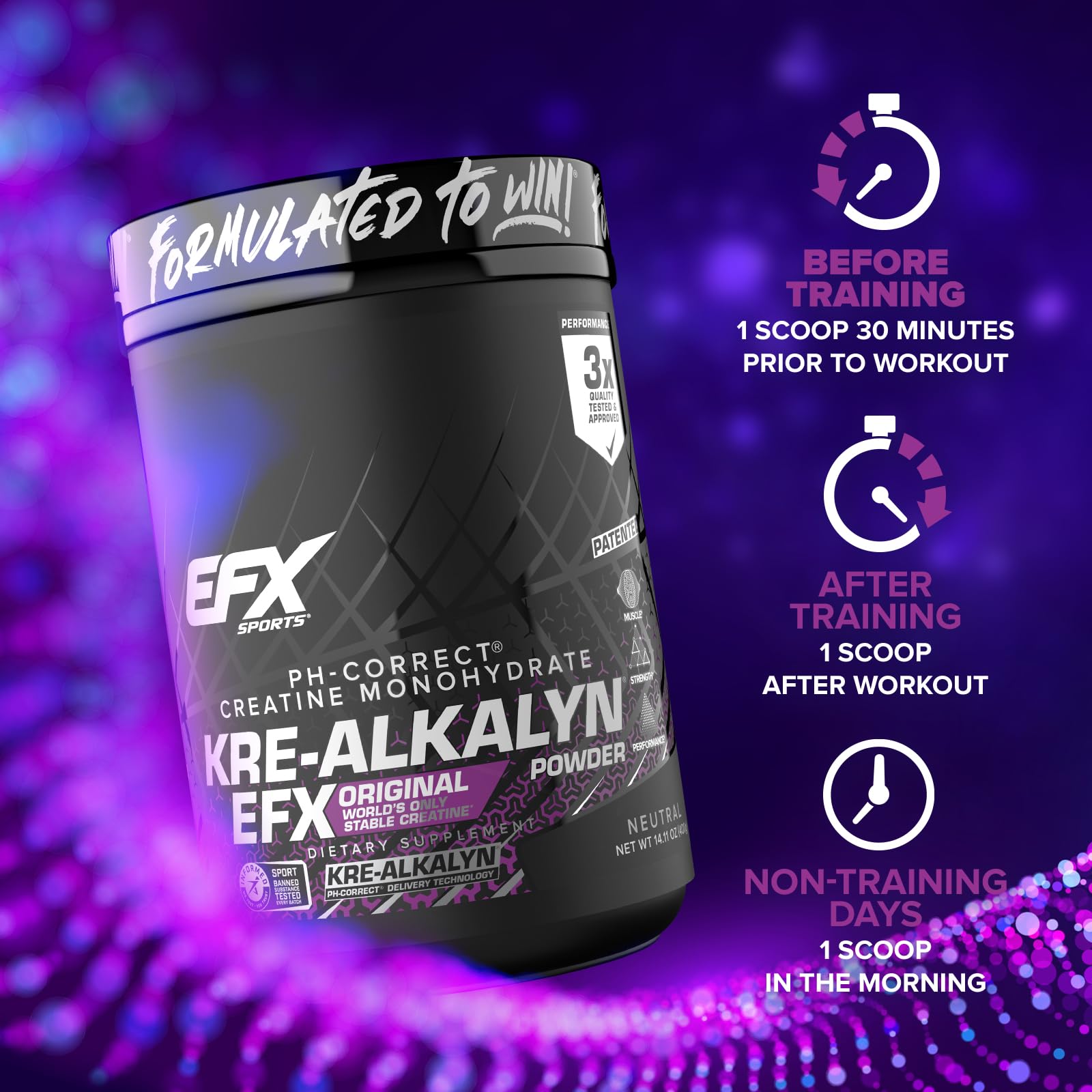 EFX Sports Kre-Alkalyn EFX powder container highlighting quality checks.