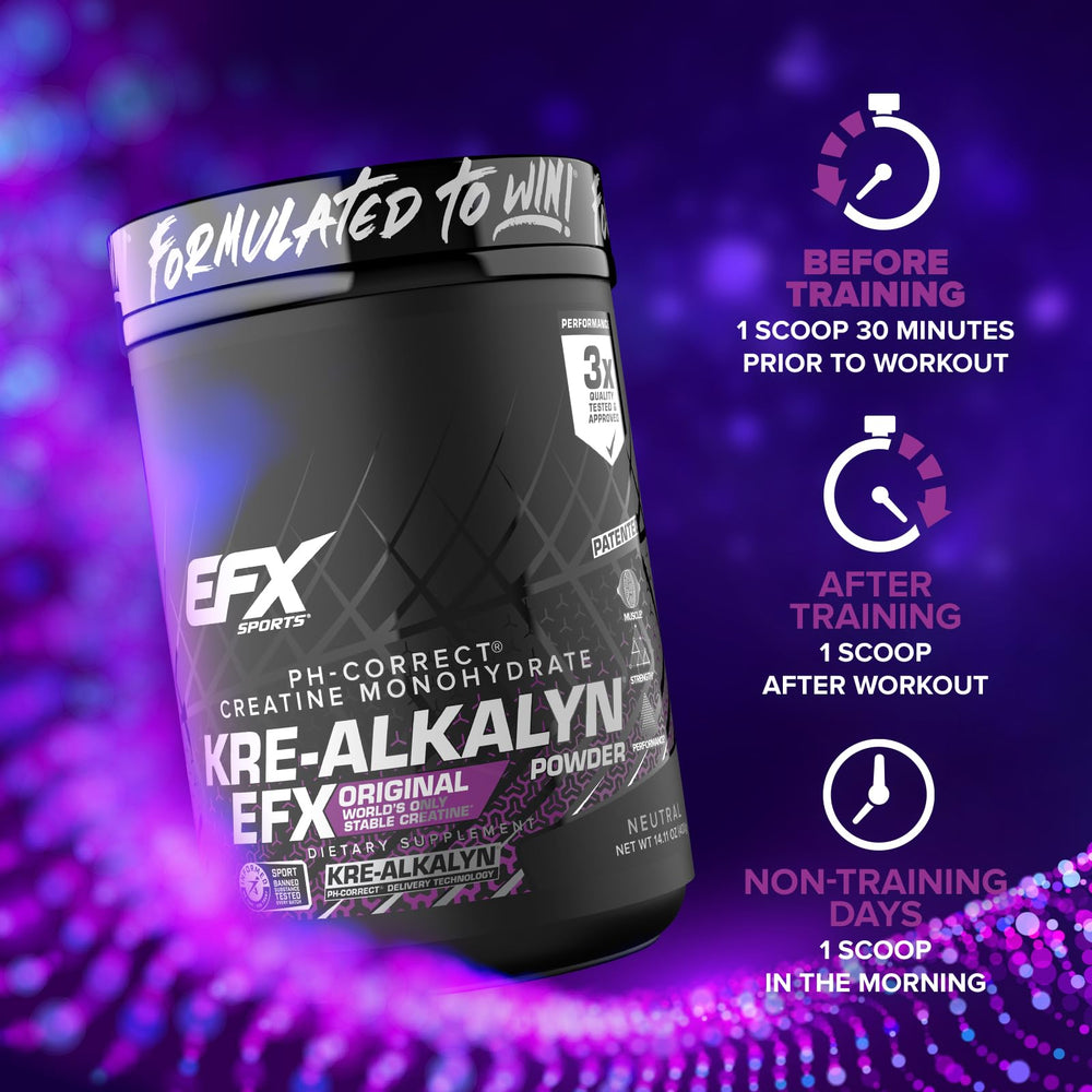 EFX Sports Kre-Alkalyn EFX powder container highlighting quality checks.