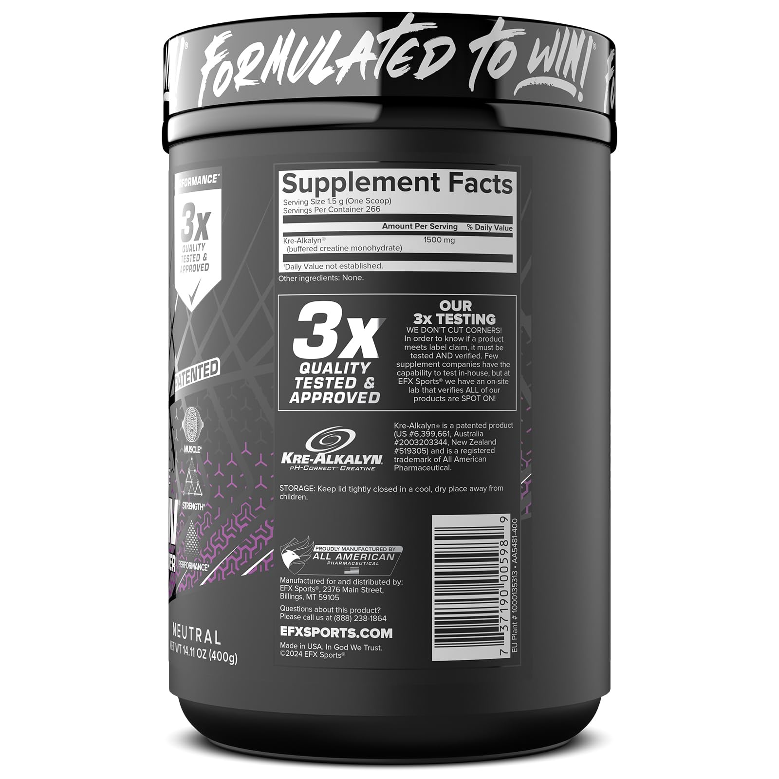 EFX Sports Kre-Alkalyn EFX powder container emphasizes purity and safety.