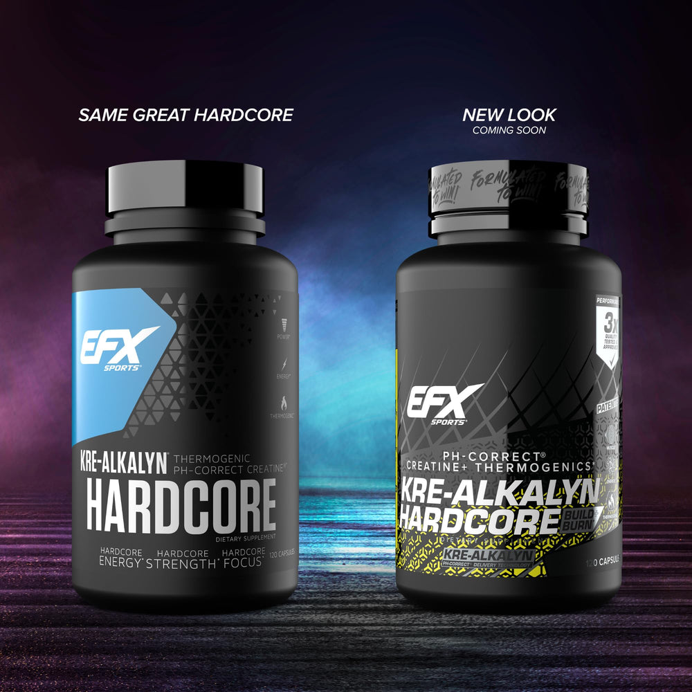 EFX Kre-Alkalyn Hardcore bottle side label highlights purity and label claims.
