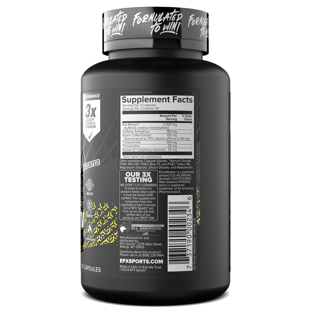 EFX Kre-Alkalyn Hardcore capsules close-up highlights easy swallow.