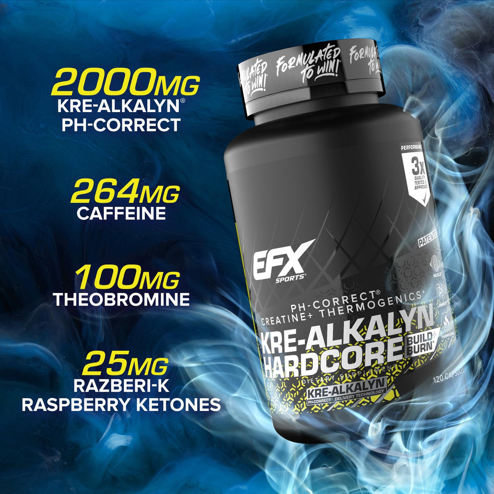 EFX Kre-Alkalyn Hardcore in-store display with gym-forward packaging.