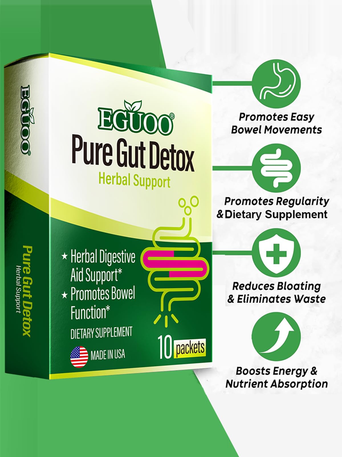 EGUOO Pure Gut Detox daily packets showing portability and ease of use.