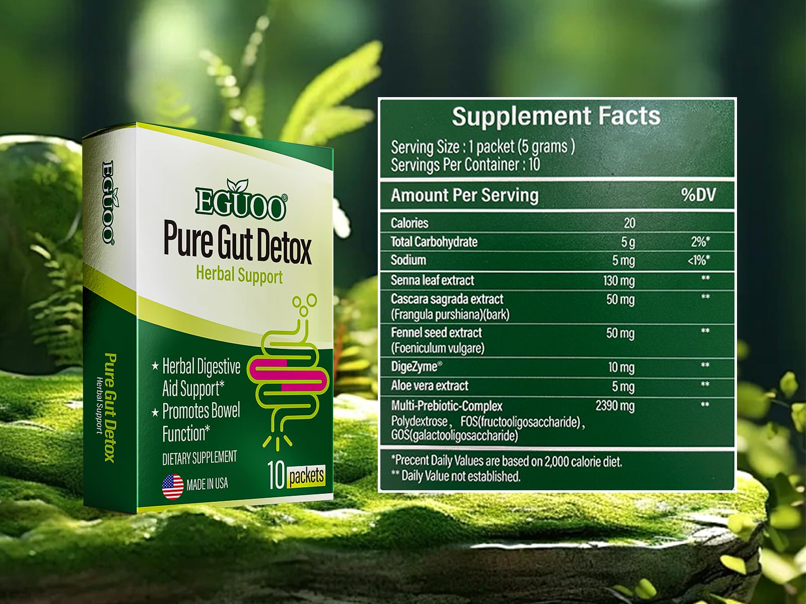 EGUOO Pure Gut Detox digestive enzymes closeup underscores digestion aid.