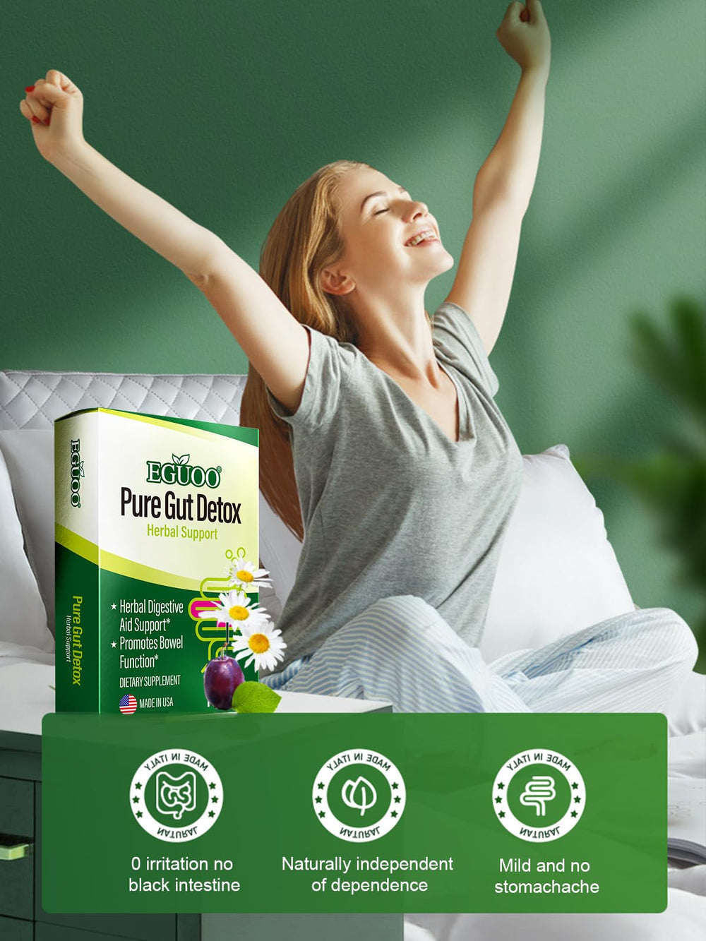 EGUOO Pure Gut Detox in-use shot illustrating a daily cleansing ritual.