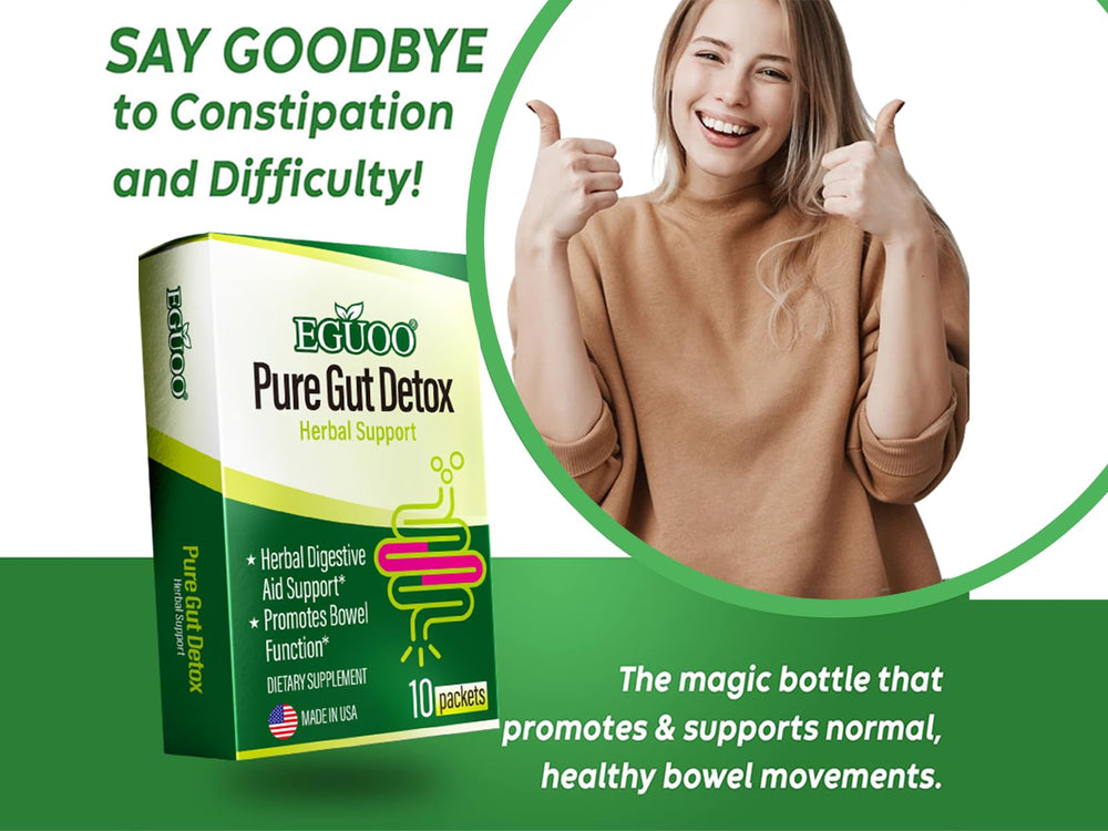 EGUOO Pure Gut Detox packaging closeup highlighting plant-forward formula.