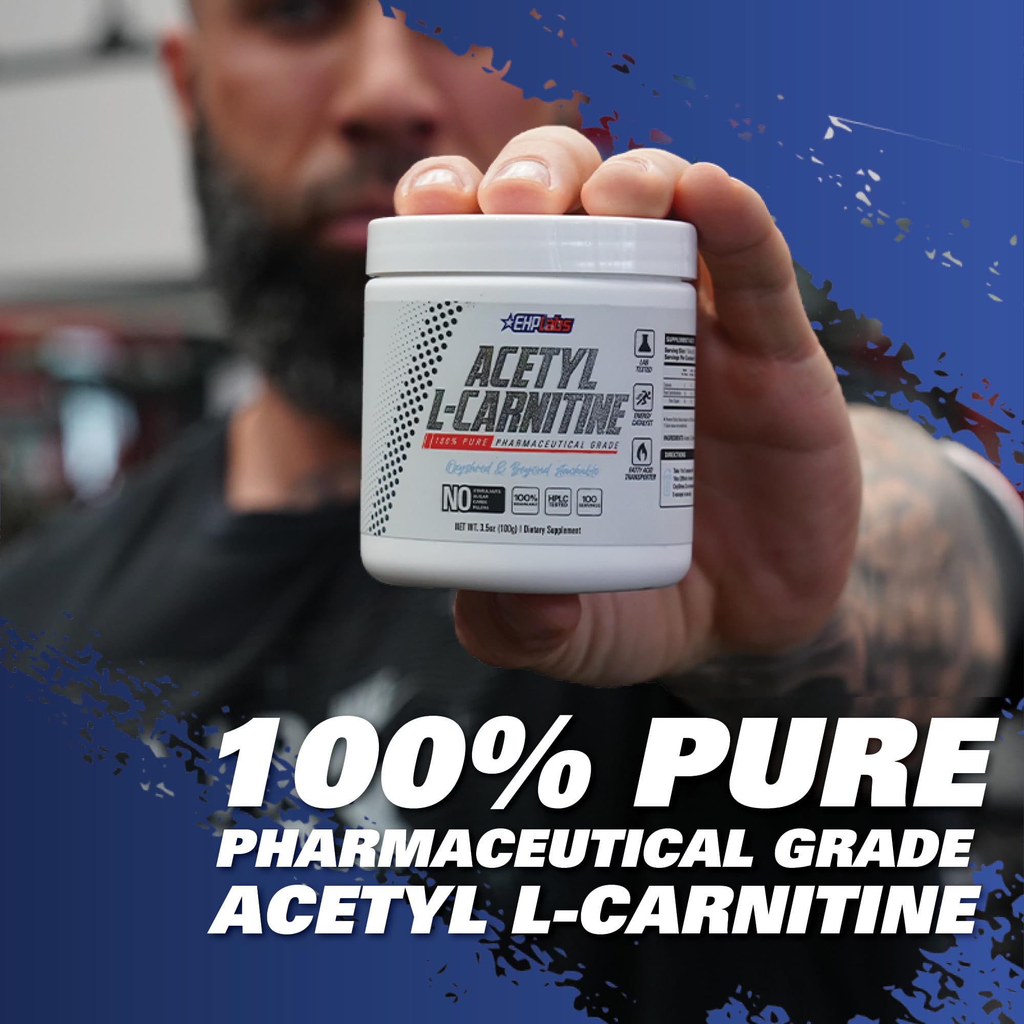 EHP Labs Acetyl L Carnitine label highlights vegan gluten-free non-GMO notes.
