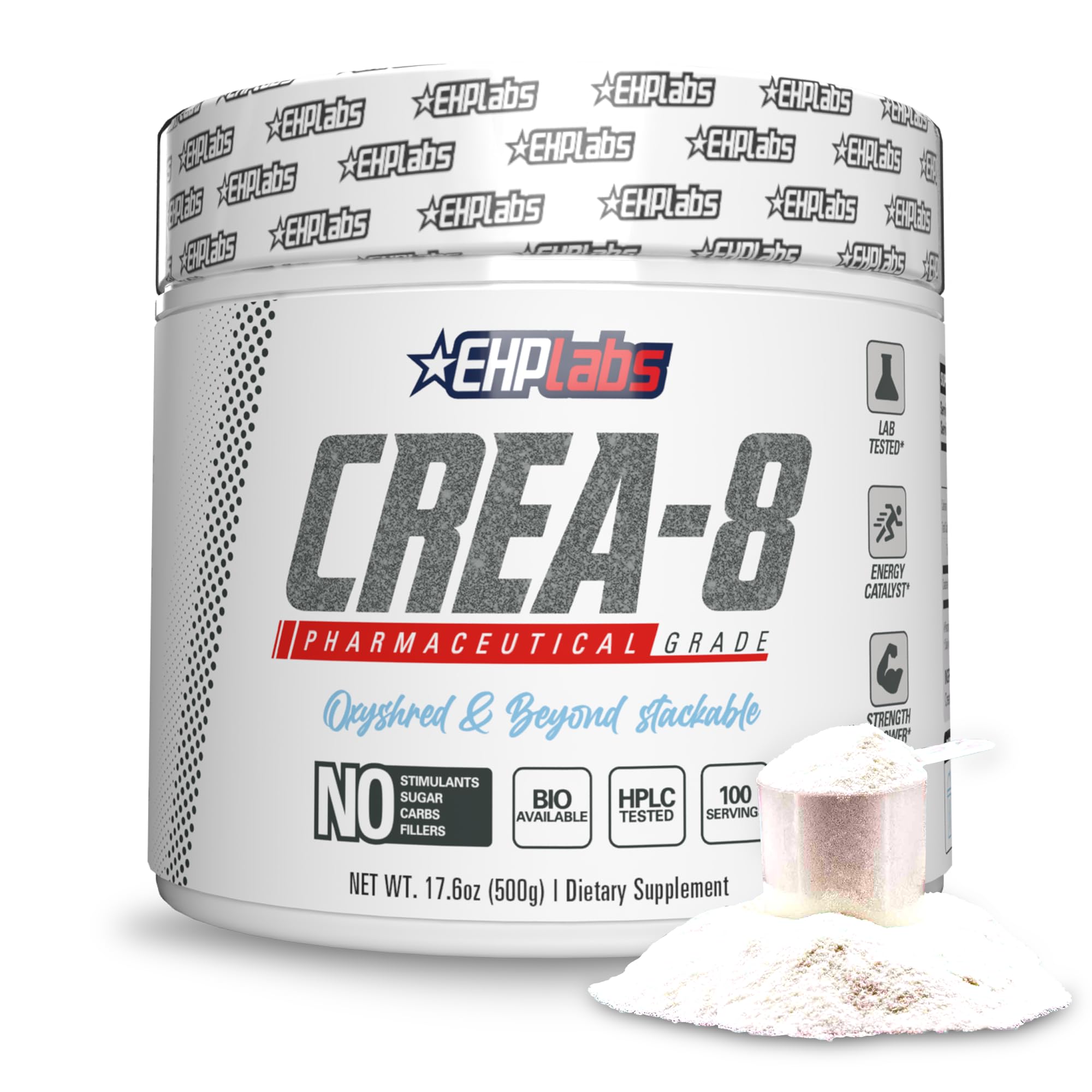 EHP Labs CREA-8 micronized creatine powder in bottle for strength support