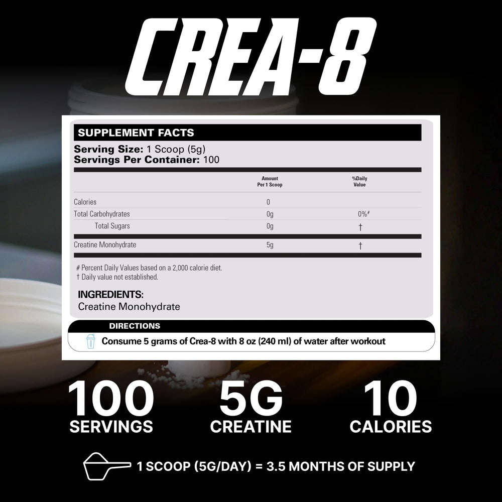 CREA-8 unflavored creatine powder tub open for easy mixing