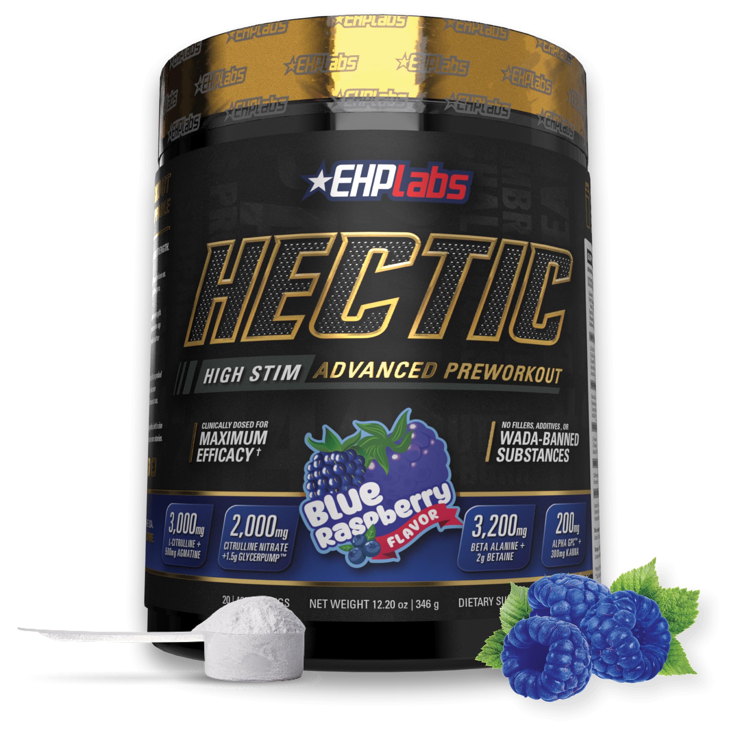 EHP Labs Hectic blue raspberry bottle ready to boost energy and focus.