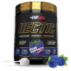 EHP Labs Hectic blue raspberry bottle ready to boost energy and focus.