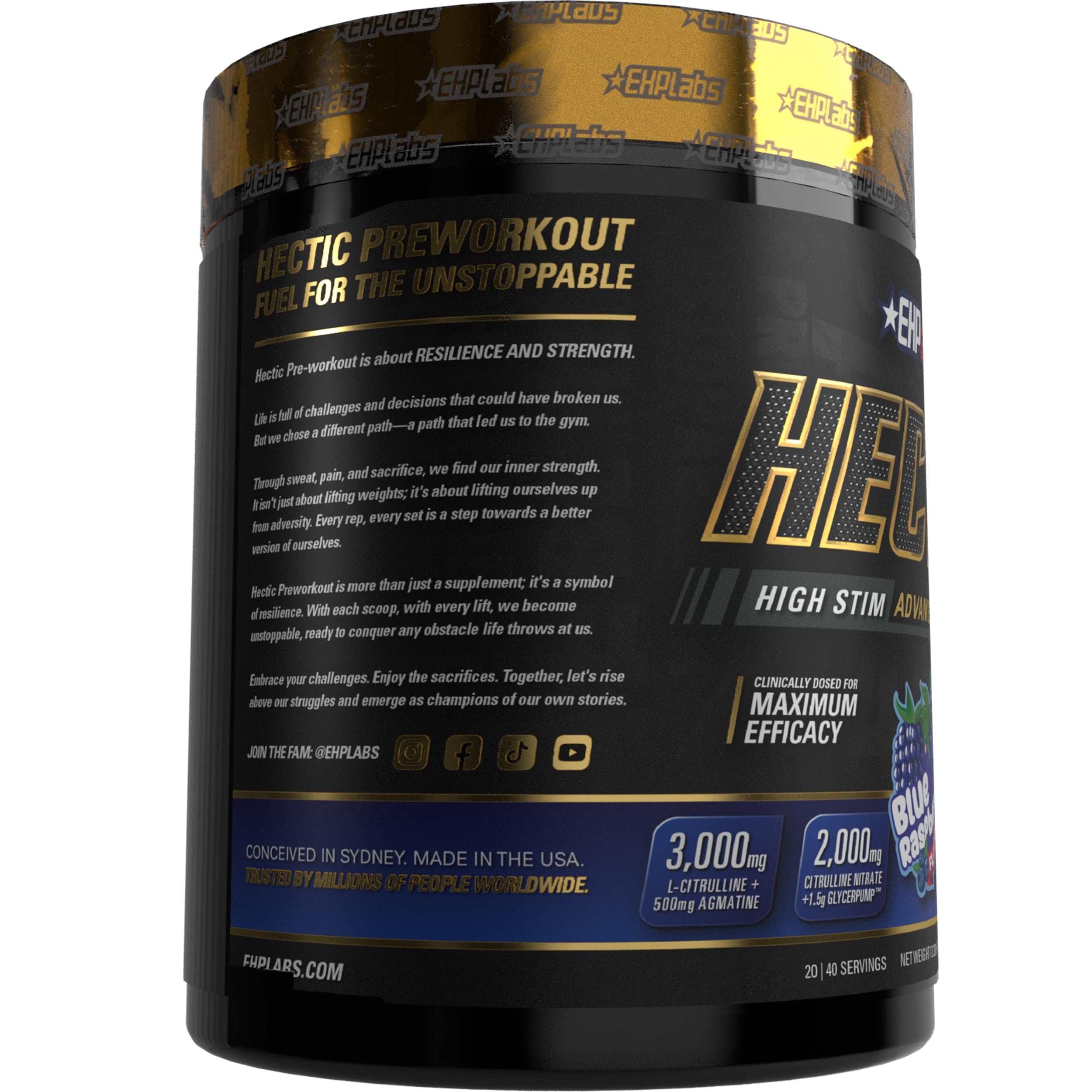 EHP Labs Hectic blue raspberry shake illustrating hydration and vitality during workouts.