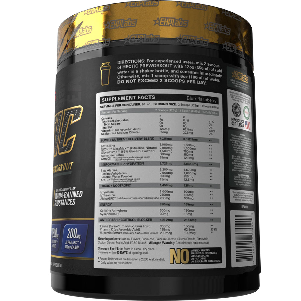 EHP Labs Hectic powder scoop in blue raspberry flavor for performance support.