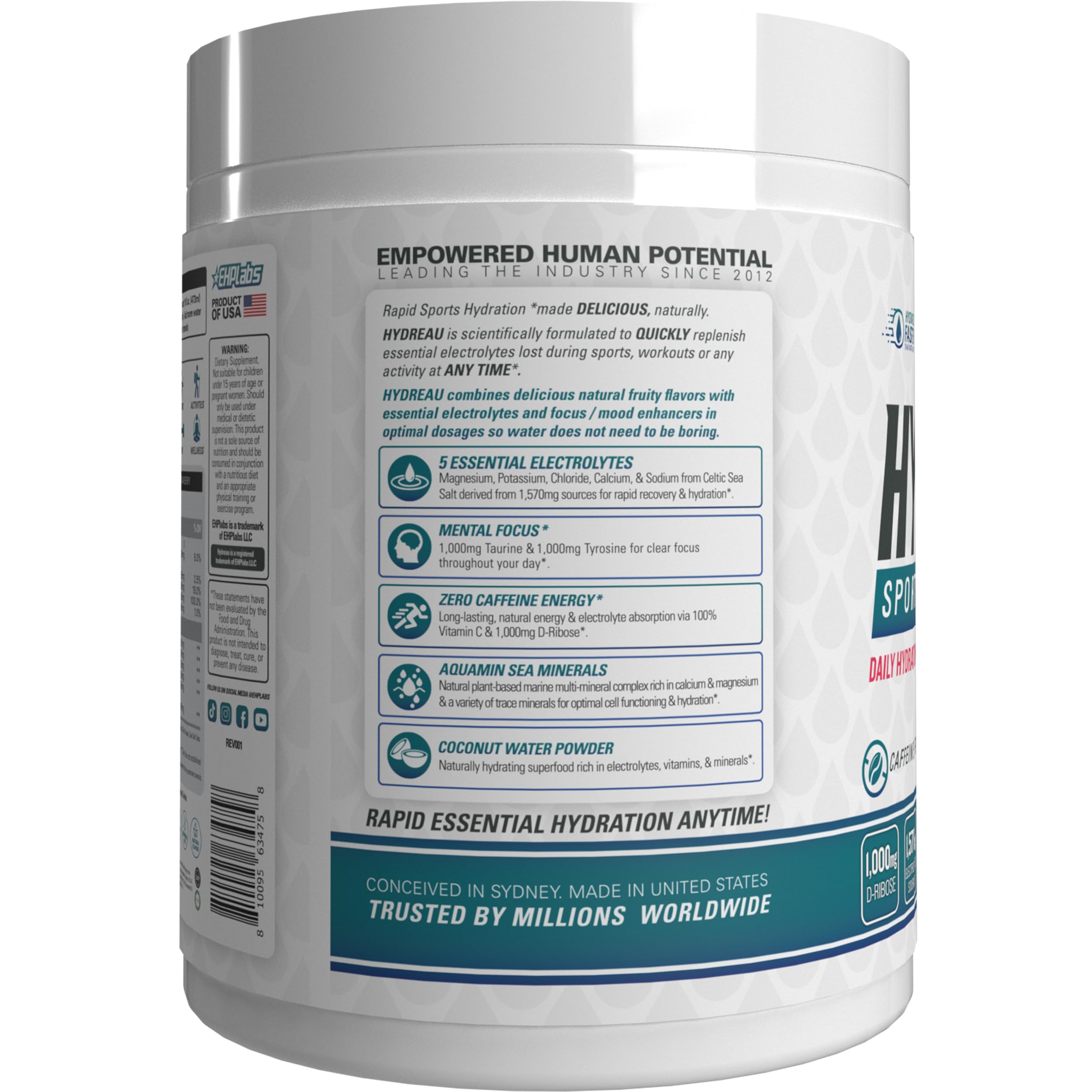 Hydreau kiwi strawberry label highlights sugar-free formula and electrolytes
