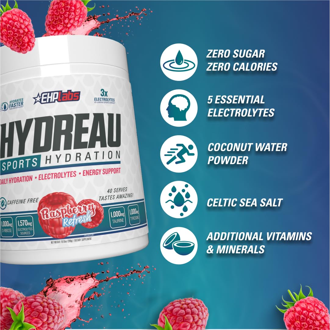 EHP Labs Hydreau raspberry refresh glass highlights sugar-free hydration after training.