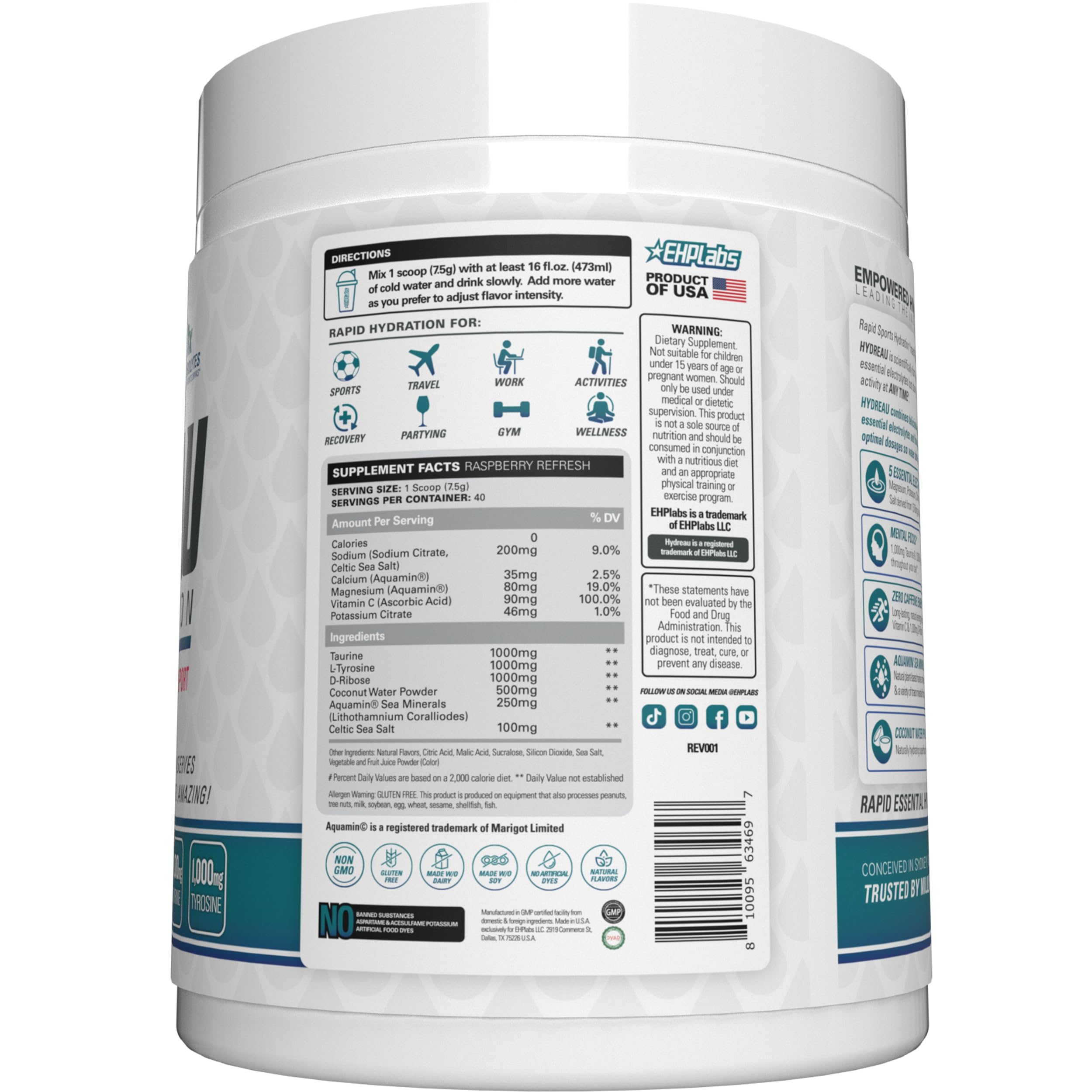 EHP Labs Hydreau sugar-free label close-up emphasizes no-added-sugar hydration.