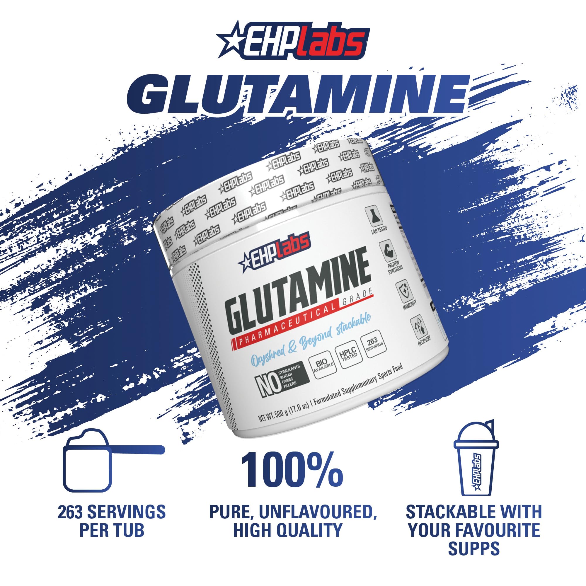 Close-up of EHP Labs L Glutamine label with lab-tested quality.