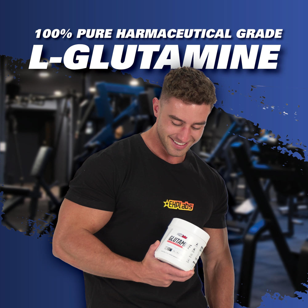 Open tub of EHP Labs L Glutamine powder with clear labeling.