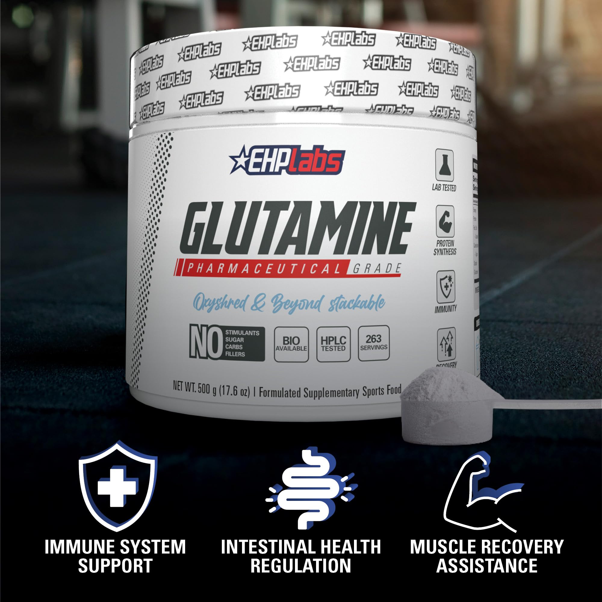 Fine powder texture of EHP Labs L Glutamine for easy serving.