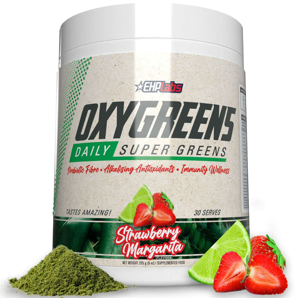 EHP Labs OxyGreens daily scoop in glass promotes convenient veggie intake.