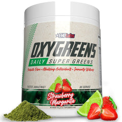 EHP Labs OxyGreens daily scoop in glass promotes convenient veggie intake.