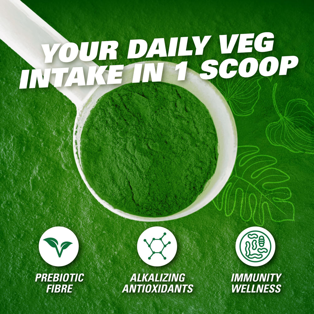 OxyGreens bottle emphasizes digestive enzymes and probiotics for gut health.