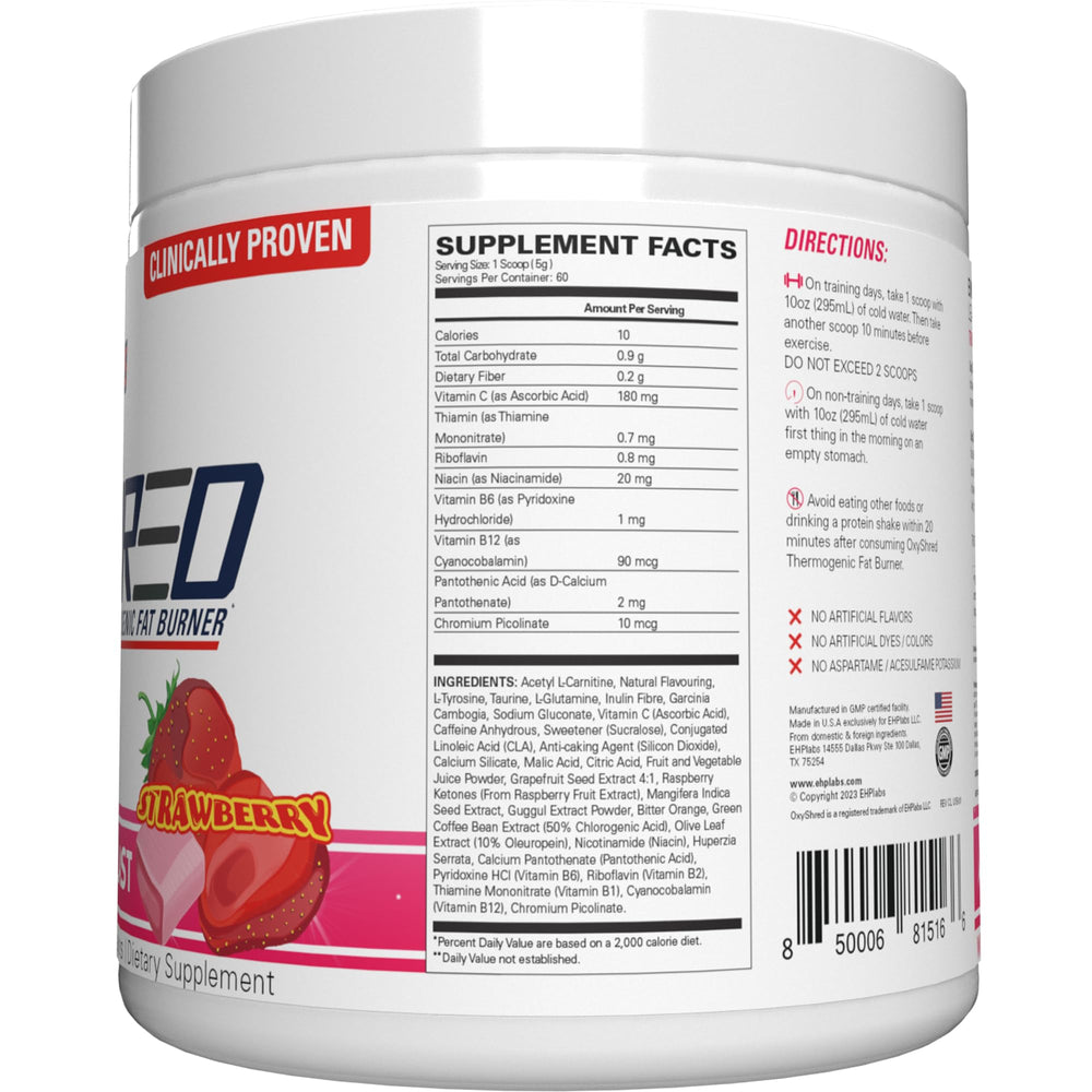 EHP Labs OxyShred Cosmic Blast ingredients panel with L Glutamine and Acetyl L Carnitine