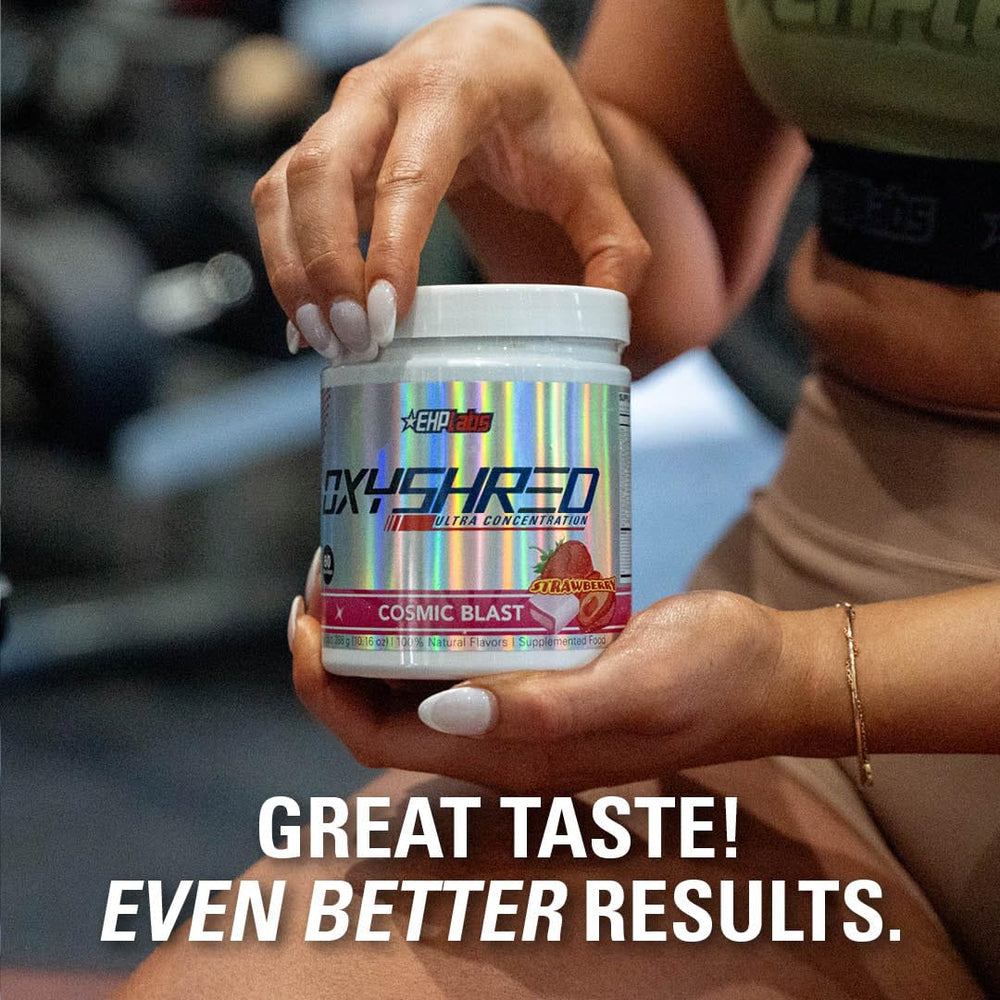 EHP Labs OxyShred Cosmic Blast measuring cup showing serving size