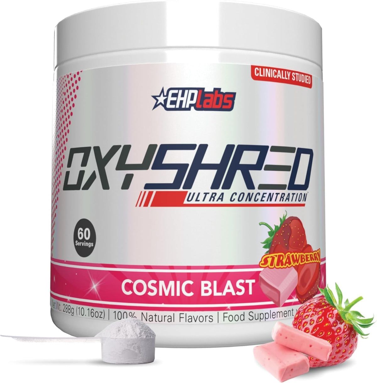 EHP Labs OxyShred Cosmic Blast tub viewed front with energy-boosting appeal