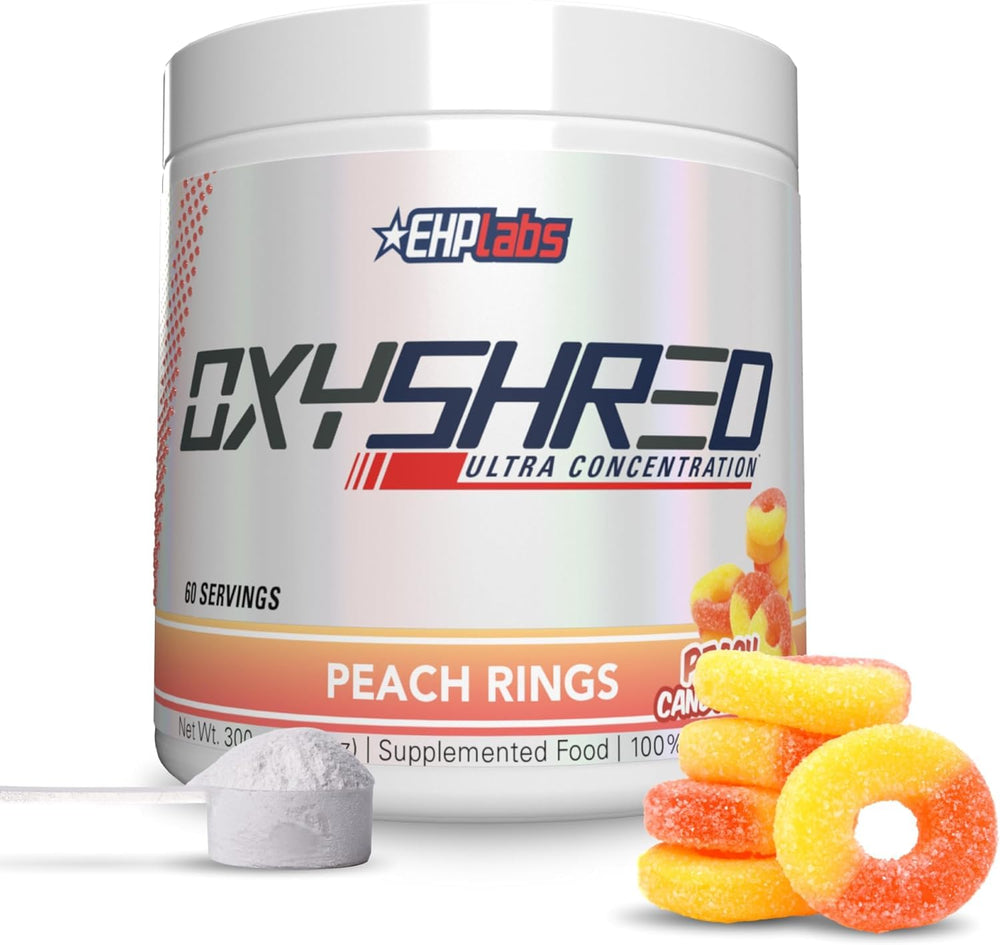 EHP Labs OxyShred Peach Candy Rings tub shown for an energizing pre-workout routine