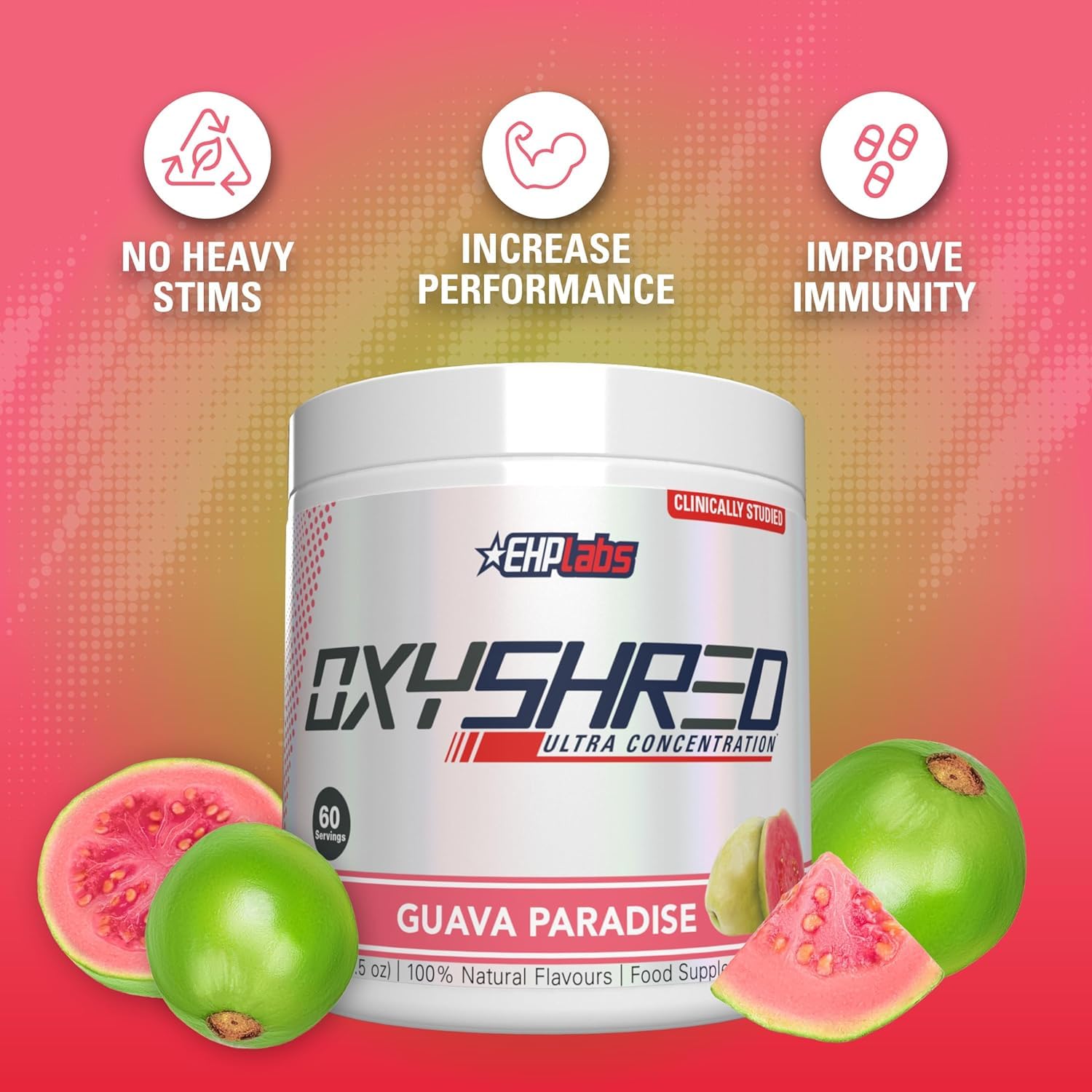 EHP Labs OxyShred Guava Paradise tub on shelf with 60 servings.