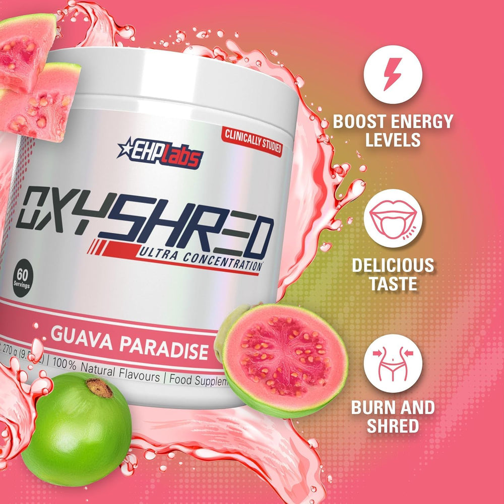 OxyShred Guava Paradise mix in shaker bottle for quick preparation.