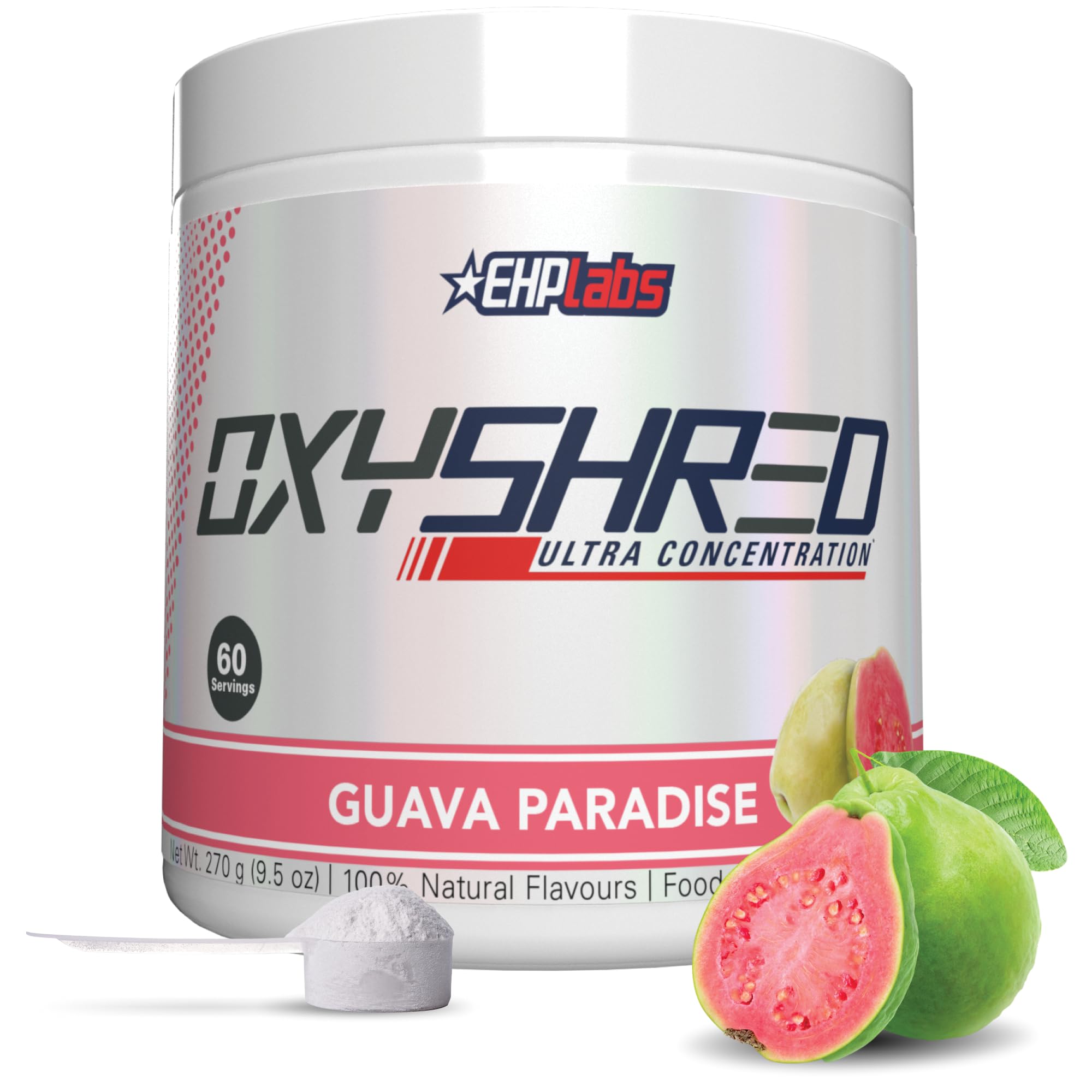 EHP Labs OxyShred Guava Paradise tub with scoop for energy-boosting workouts.