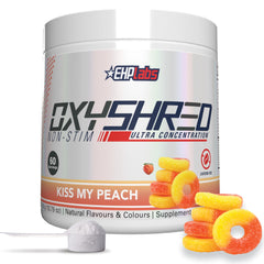 EHP Labs OxyShred peach tub front view showing caffeine-free energy support.