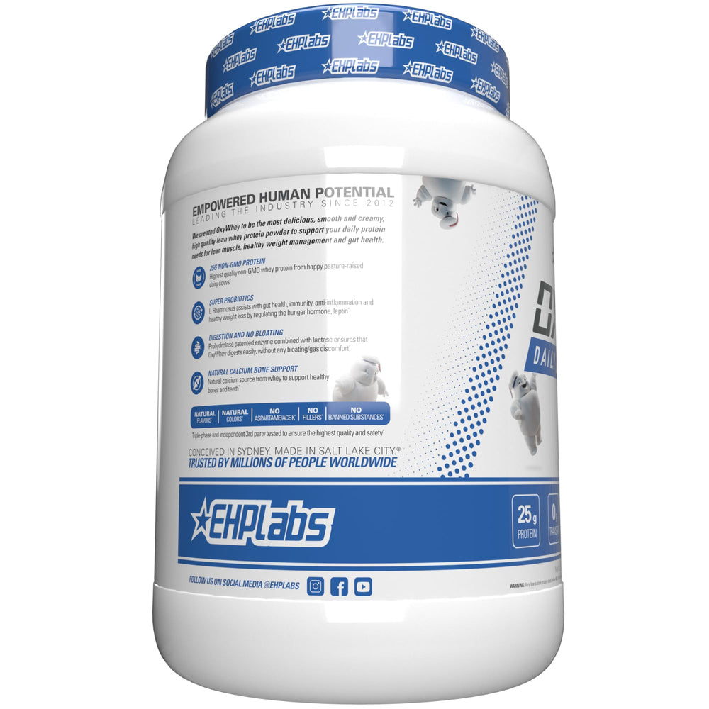 Gluten-free and Non-GMO icons on OxyWhey tub
