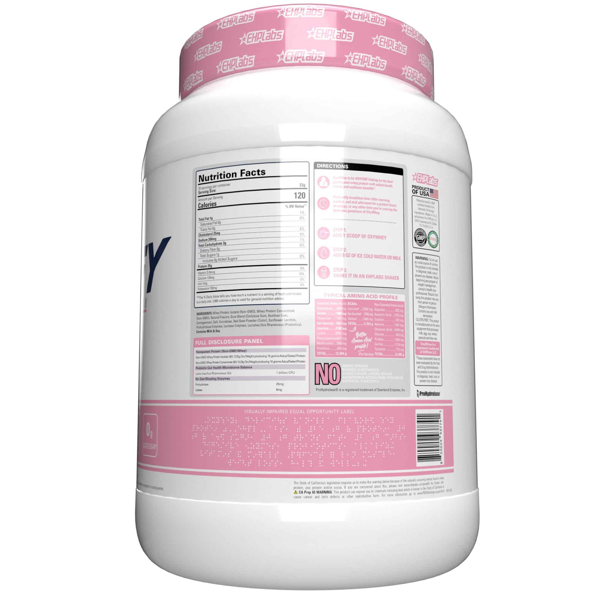 EHP Labs OxyWhey nutrition panel close-up on the tub.