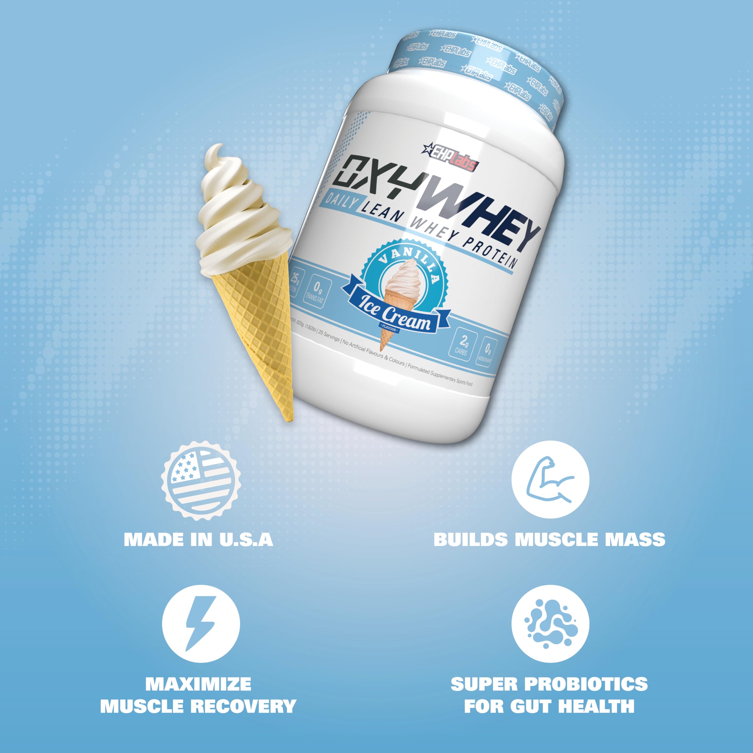 EHP Labs OxyWhey bottle shows probiotics and B vitamins for daily wellness