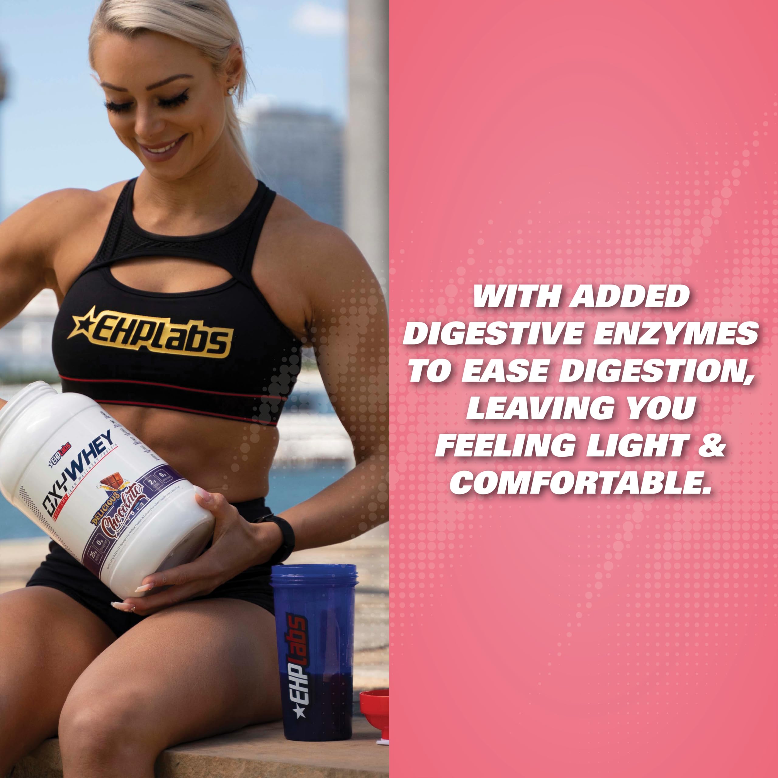 EHP Labs OxyWhey probiotic blend emphasis on gut-friendly nutrition.
