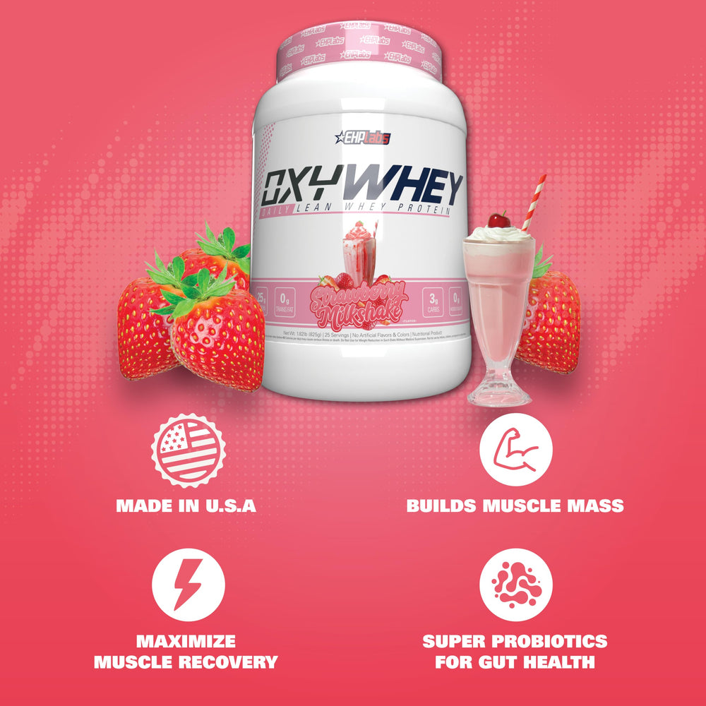 EHP Labs OxyWhey strawberry milkshake shake being poured into a glass.