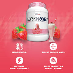 EHP Labs OxyWhey strawberry milkshake shake being poured into a glass.