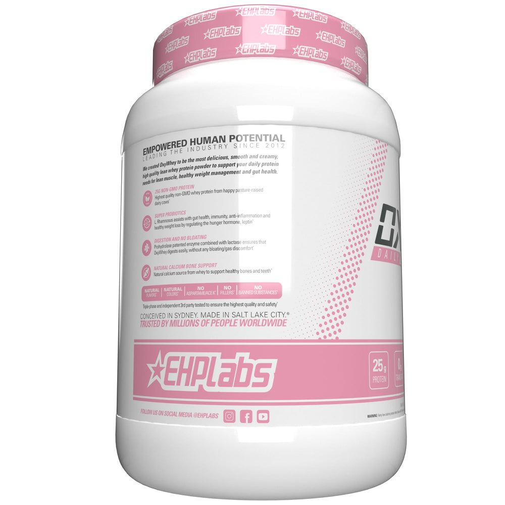 EHP Labs OxyWhey strawberry milkshake flavor label close-up.
