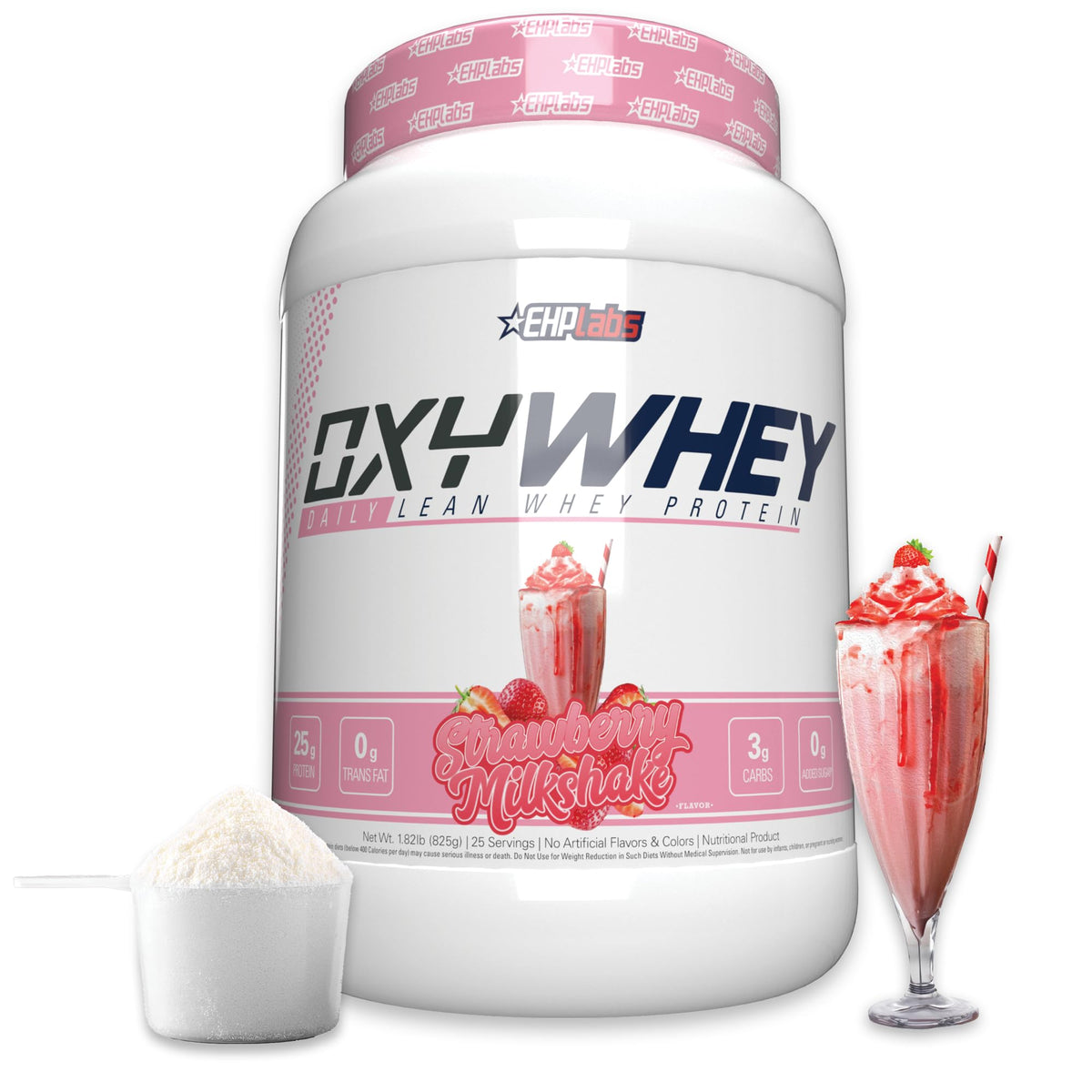 EHP Labs OxyWhey bottle shows whey protein isolate for lean recovery and daily nutrition.