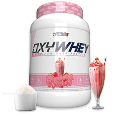 EHP Labs OxyWhey bottle shows whey protein isolate for lean recovery and daily nutrition.