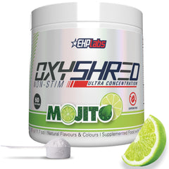 EHP Labs OxyShred non-stimulant Mojito powder with scoop for balanced energy