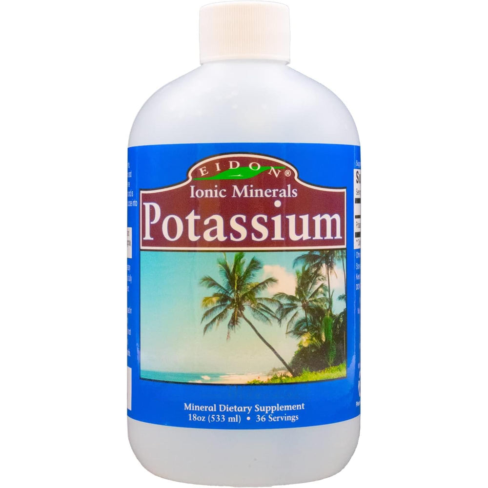 Eidon Ionic Minerals potassium liquid bottle shown for daily electrolyte support in water