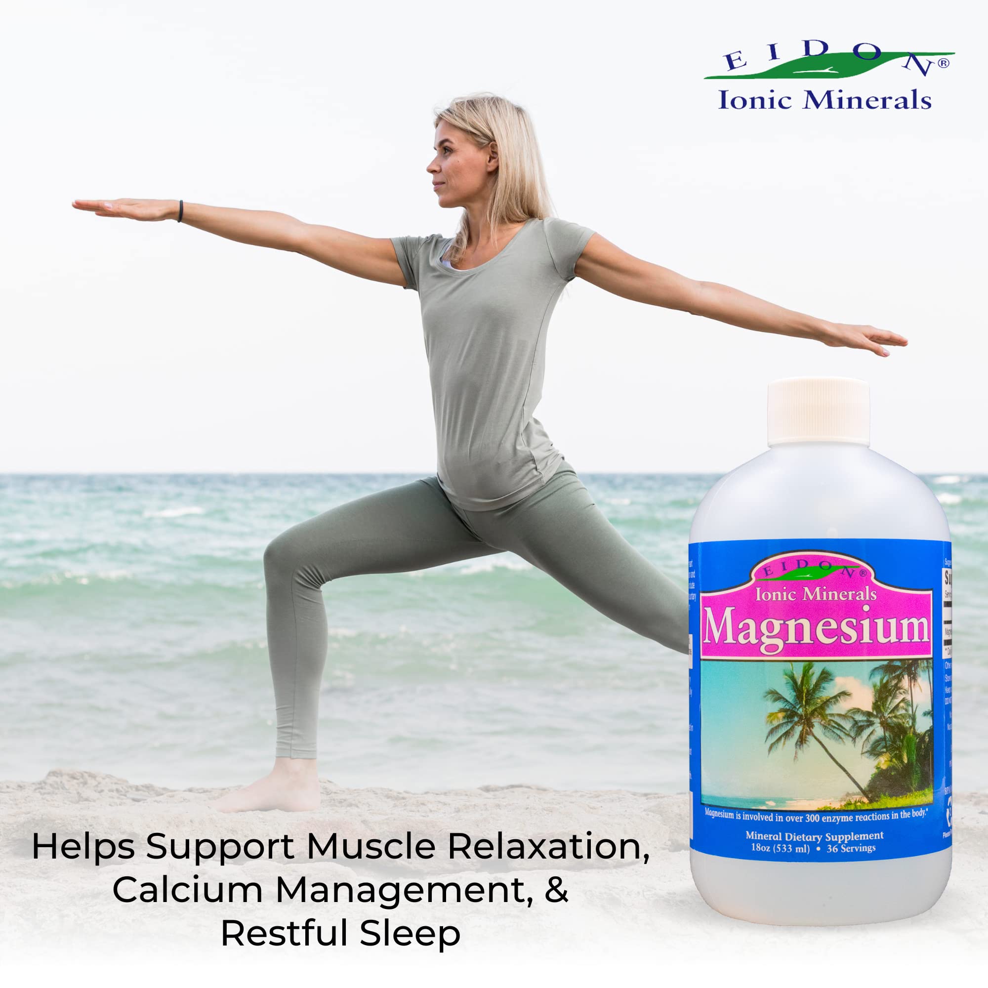 Eidon Liquid Magnesium Concentrate with glass of water illustrates convenient consumption.